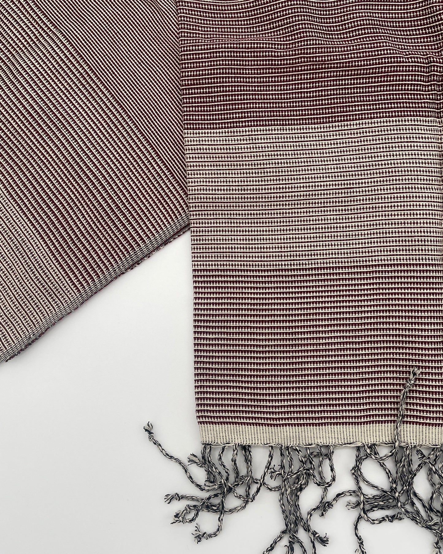 Maroon Red Handwoven Scarf with Stripes & Checkered Pattern